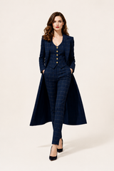 Navy Checkered Suit Set | Three-Piece Tailored Ensemble