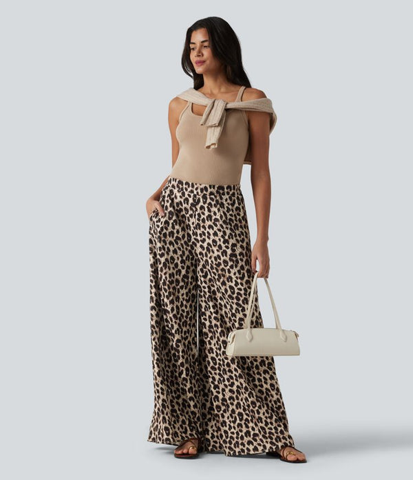 Chic High Waisted Leopard Print Wide Leg Pants for Women with Pockets 1
