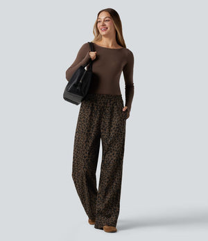 Leopard Print High Waisted Straight Leg Women's Pants in Soft Corduroy