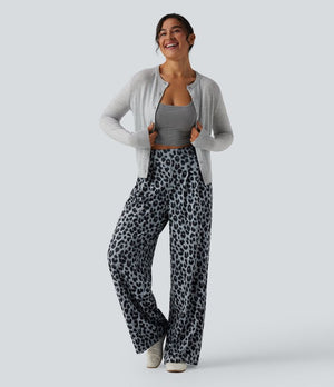 High Waisted Wide Leg Leopard Print Women's Pants for Casual Chic