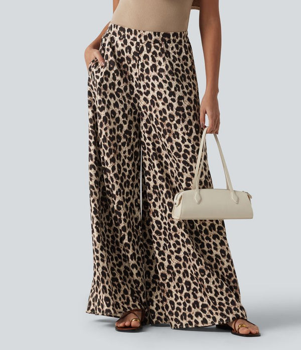 Chic High Waisted Leopard Print Wide Leg Pants for Women with Pockets 2