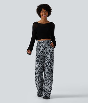 Chic High Waisted Leopard Print Waffle Baggy Pants with Pockets for Women