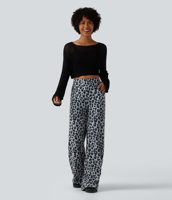 Chic Leopard Print Waffle Baggy Pants with Pockets | High-Waisted Style for All-Day Comfort 1