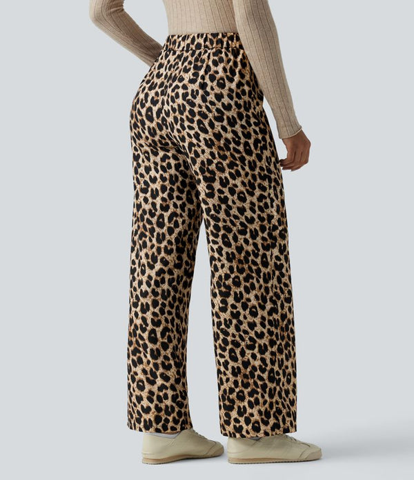 Elegant High Waisted Tie Side Wide Leg Pants Women - Leopard Print Flowy Trousers 2