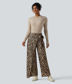 Elegant High Waisted Tie Side Wide Leg Pants Women - Leopard Print Flowy Trousers