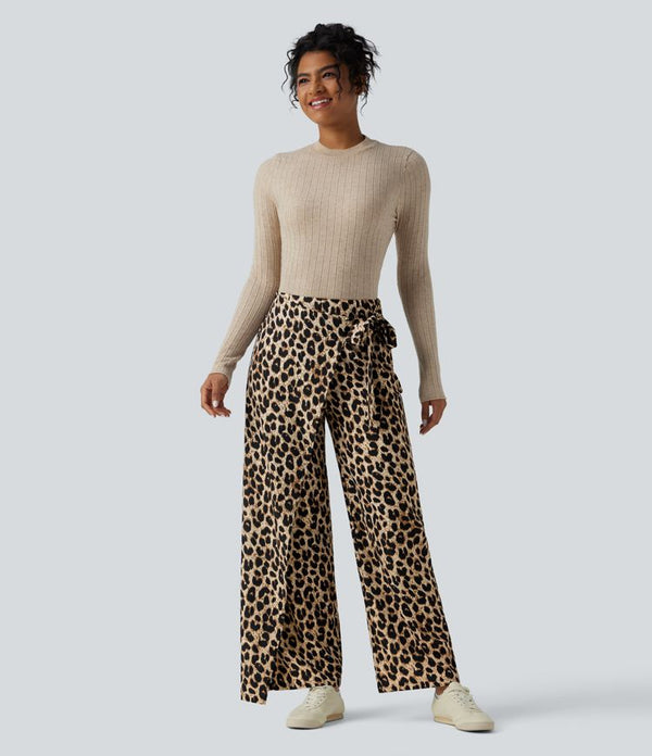 Elegant High Waisted Tie Side Wide Leg Pants Women - Leopard Print Flowy Trousers 1