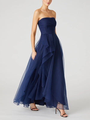 Elegant Navy A-Line Strapless Evening Dress with Ruffles for Formal Events