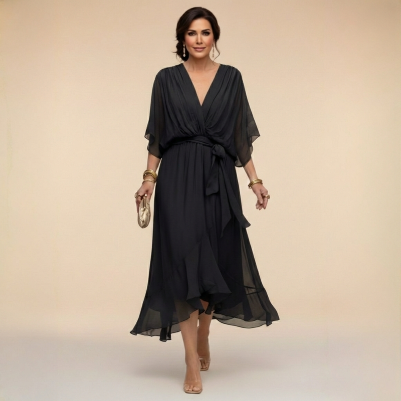 Elegant Women's Chiffon Dress with V-Neck, Waist-Defining Belt, Perfect for Wedding Guests and Summer Cocktail Events 2