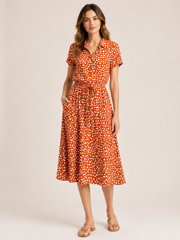 Blomsona - Short Sleeve Shirt Dress With Waistband