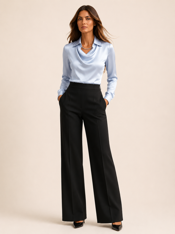 Elegant Satin Blouse | Women's Long Sleeve Draped Top