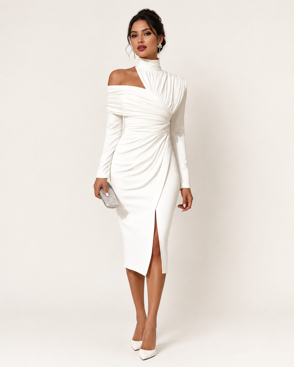 Asymmetric Draped High-Neck One-Shoulder Evening Dress