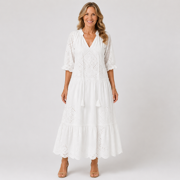 Elegant White Summer Dress for Women - Bohemian Crochet V-Neck Beach Dress 1