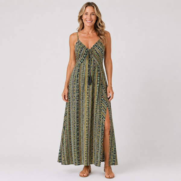 Elegant Backless Boho Summer Dress with Ethnic Patterns and Frill Trim for Women 1
