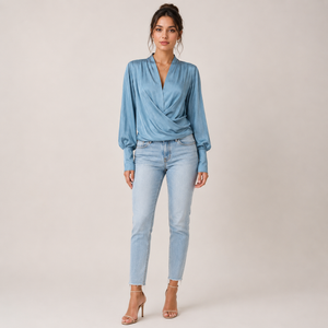 Women's Blouse with V-neck and Puff Sleeves