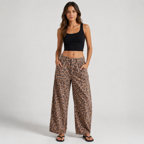 Elysian Leopard Wide Leg Jeans for Women - Chic Ankle-Length Style with Relaxed Fit 1