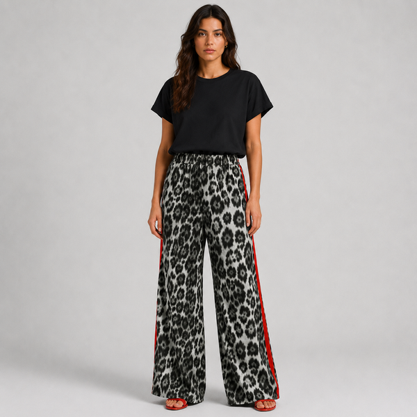 Chic Leopard Print Wide Leg Pants Women with Sporty Side Stripe 1