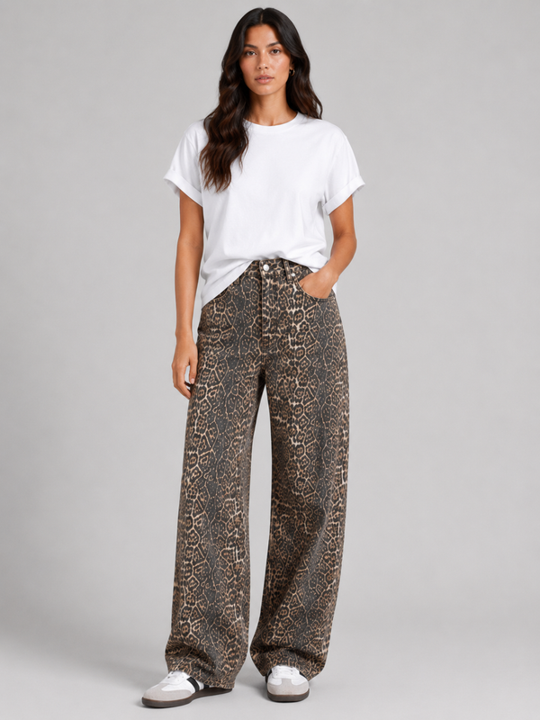 Leopard Print Wide Leg Jeans for Women - Chic Low-Rise Design, Comfortable Fit, Versatile Style 1