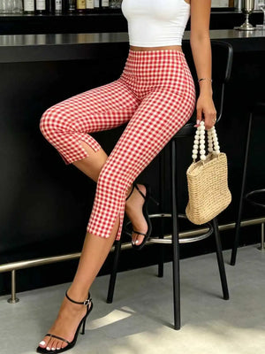 Chic Red and White Checkered Capri Pants for Women with Cuffed Bottoms