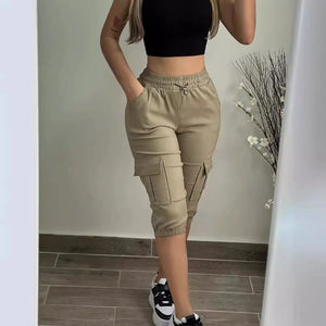 Elegant Summer Women's Slim-Fit Capri Trousers with Multiple Pockets