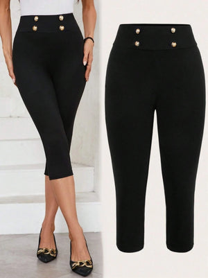 Elegant Women's Black Capri Pants with High Waist and Gold Button Detail
