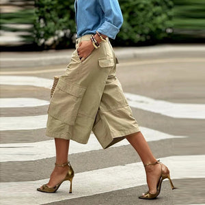 Krisstarsgirls Women's Wide Leg Capris Pants with Pockets - Trendy Cotton Trousers for Effortless Style