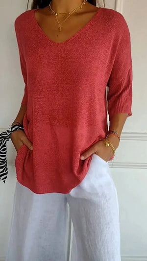 Lightweight V-Neck Knit Top | Women's Top 3/4 Sleeve Casual Wear