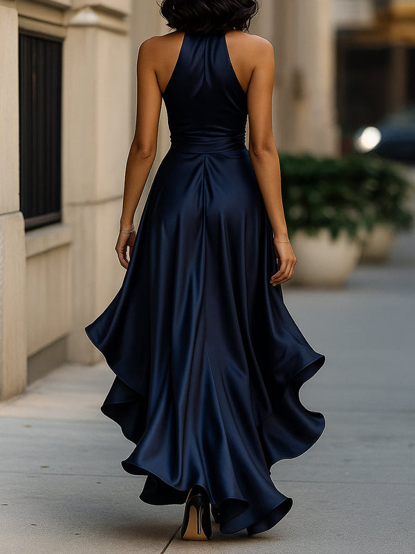Midnight Elegance Satin Halter Ruffle Gown 2