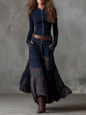 Navy Plaid Vintage Maxi Dress | Women's Dress