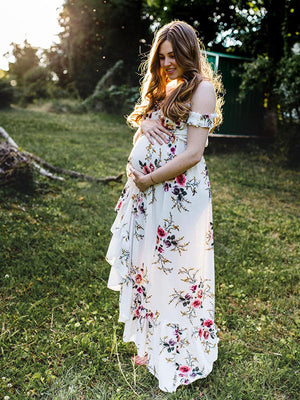 Maternity Chaps, Midi Dresses for Photoshoots, Floral Print, Bandeau Dress with Side Slit, White