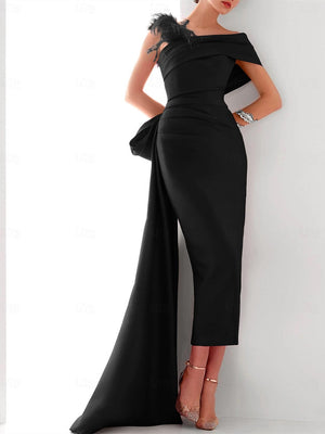Elegant One Shoulder Satin Evening Gown with Feather Bow Detail for Formal Events