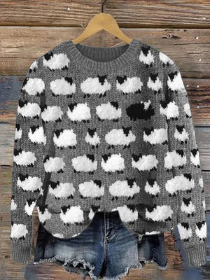 Sheep-Print Sweater | Casual Knit Top for Women