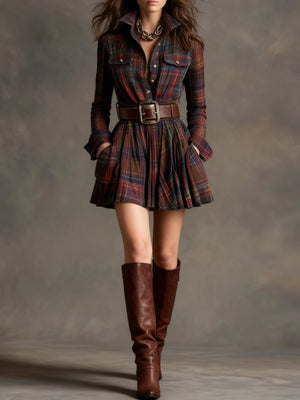 Vintage Plaid Mini Dress with Belt | Women's Casual Dress