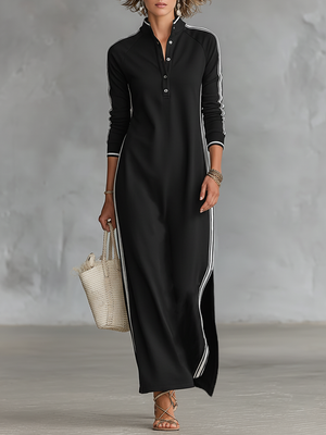 Women's Minimalist White-trimmed Button-down Collar Sweatshirt Dress Maxi Dress