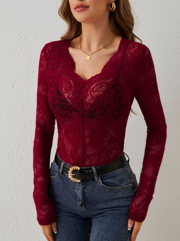 Elegant Lace Blouse for Women with V-Neck & Sheer Sleeves | Perfect Going Out Top for Evening Style 1