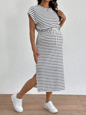 Women's striped maternity dress with waist belt